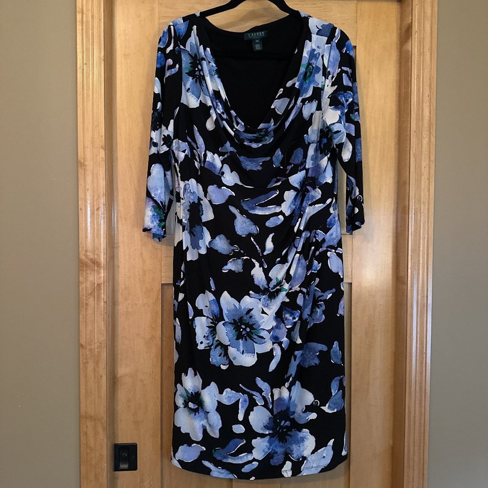 Ralph Lauren Sheath Dress Cowl Neck Stretch Blue Floral 14W Ruched Knee Length